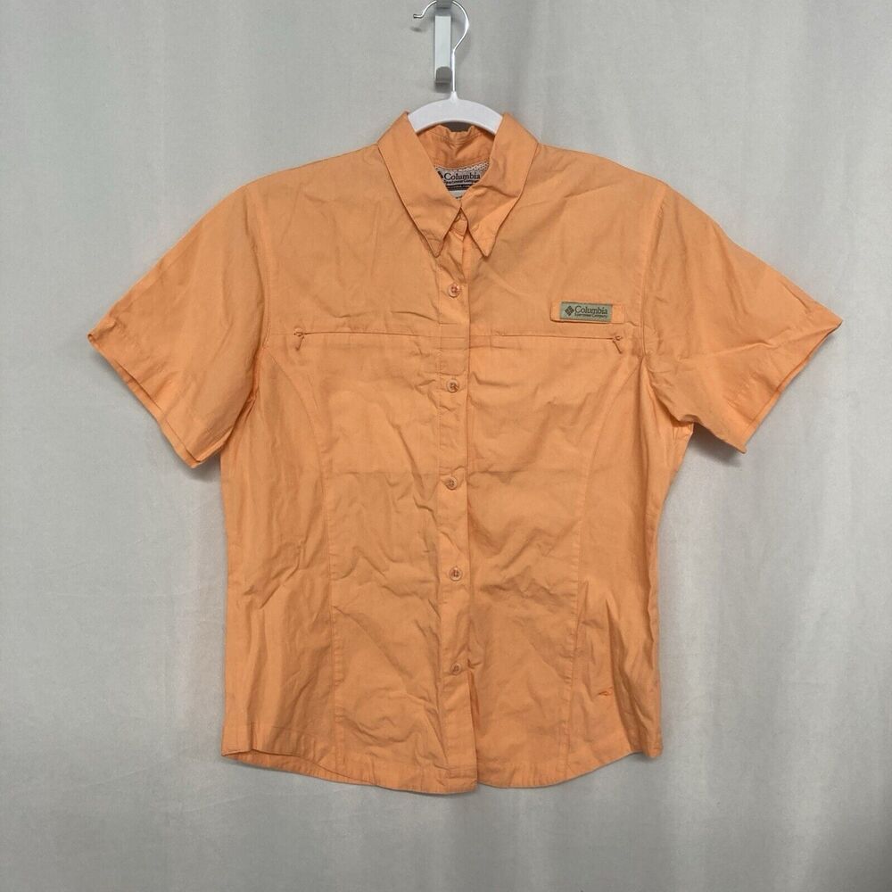 COLUMBIA orange vented back mesh short sleeve cotton button up fishing top S